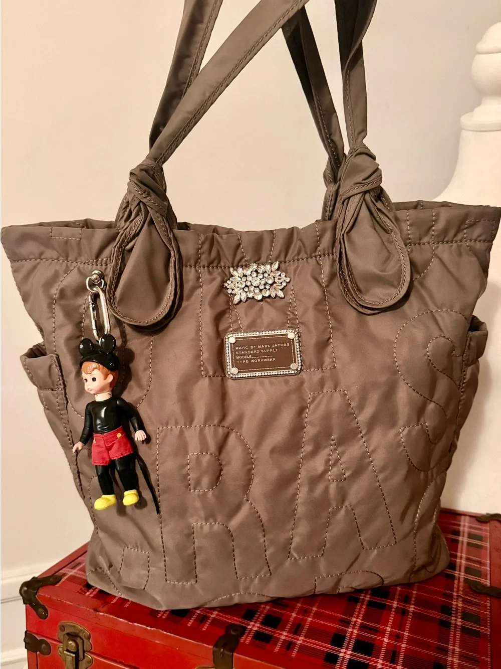 Marc by Marc Jacobs Quilted Taupe Tote Upcycled with Charm and Brooch